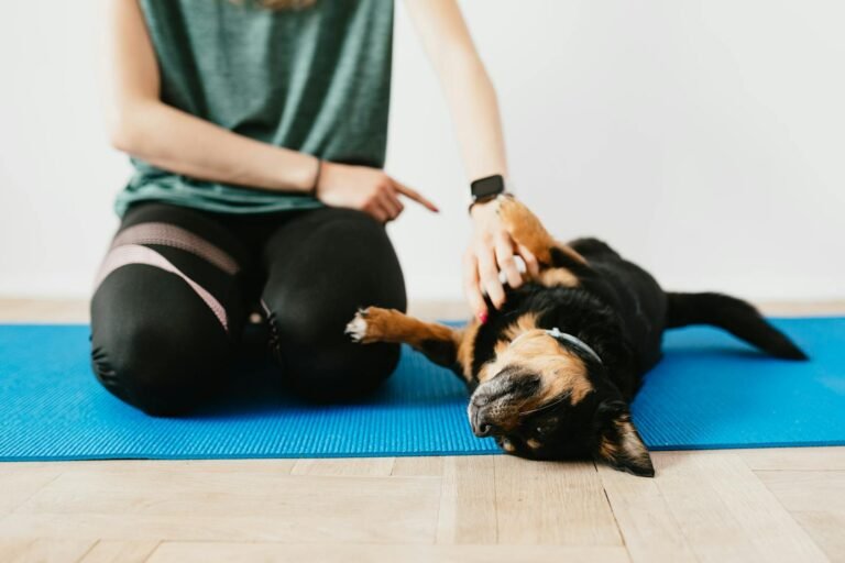 A woman in workout gear sits with her relaxed dog on a blue yoga mat, enjoying a calm moment indoors.